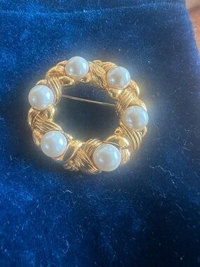 Napier Gold-Tone Wreath Brooch with Pearl Accents